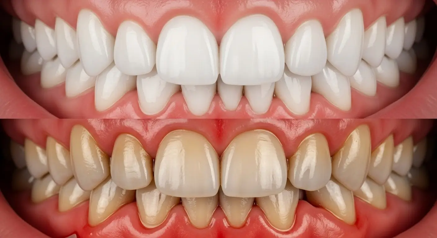 Before and after comparison of healthy teeth and gums vs. damaged teeth with gum disease
